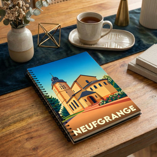 Carnet souvenir de la ville de Neufgrange avec une illustration stylisée de son église.