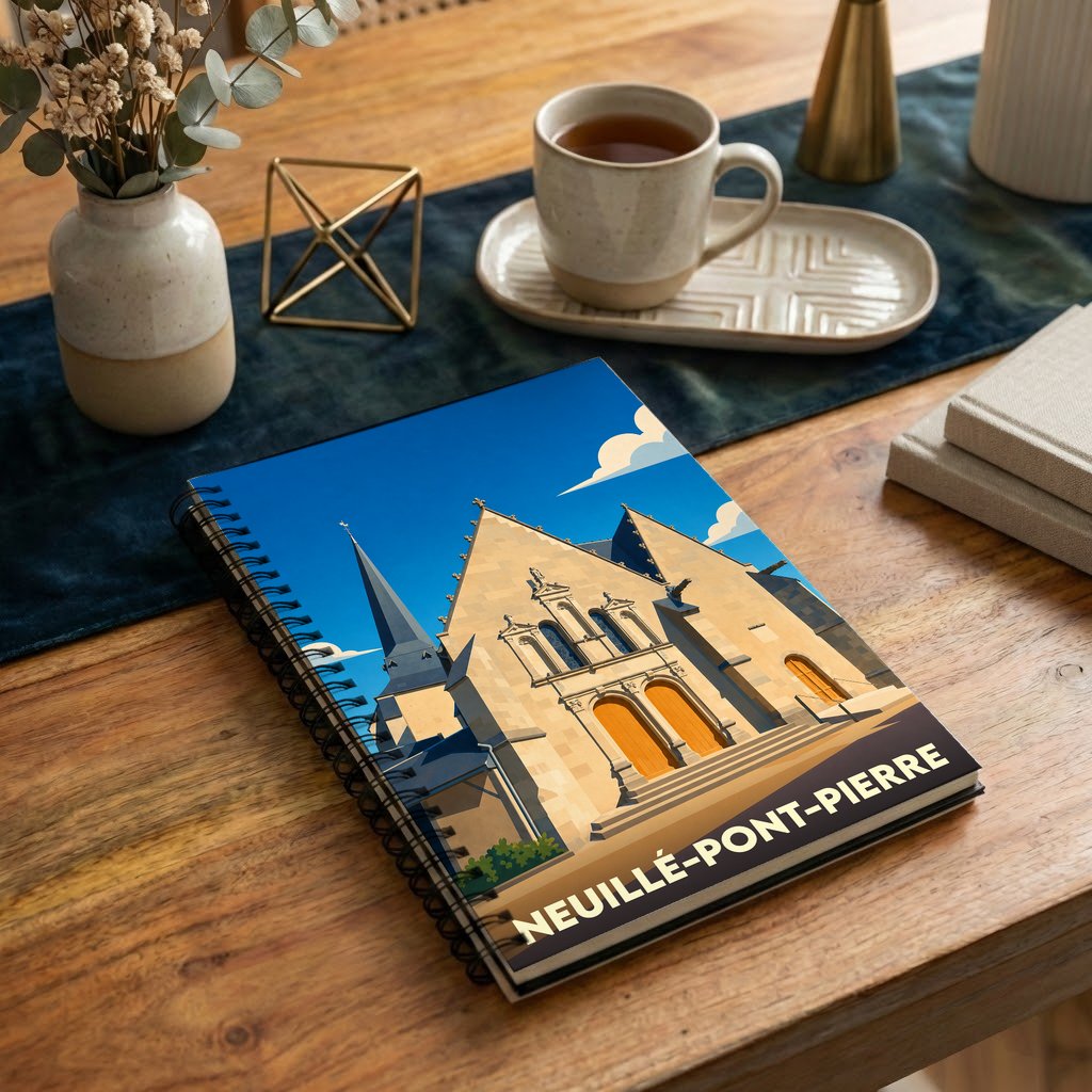 Carnet à spirales souvenir de la ville de Neuillé-Pont-Pierre avec une illustration stylisée de son église.