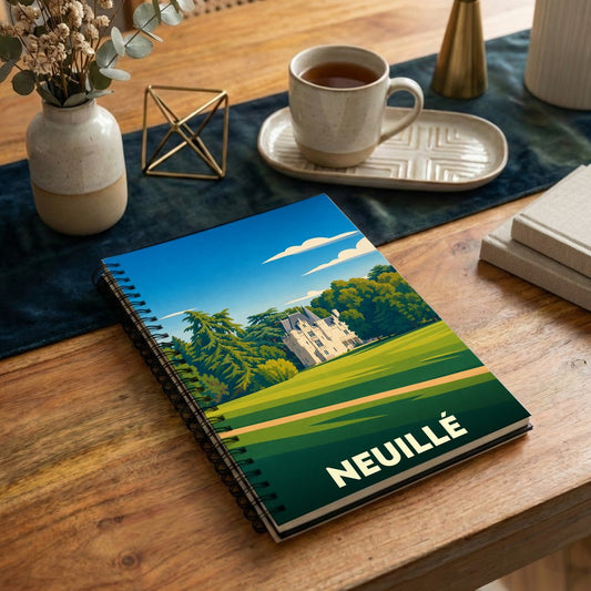 Carnet à spirales souvenir de la ville de Neuillé avec une illustration stylisée d'un château.