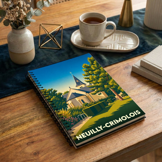 Carnet de notes souvenir de la ville de Neuilly-Crimolois avec une illustration stylisée de son église et de son parc.