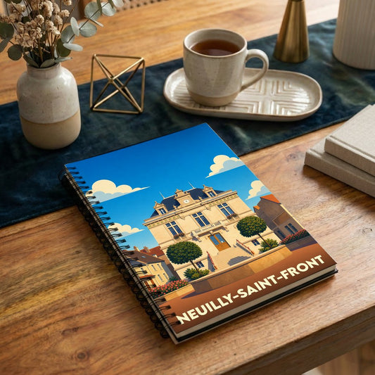 Carnet à spirales souvenir de la ville de Neuilly-Saint-Front avec une illustration stylisée de son hôtel de ville.