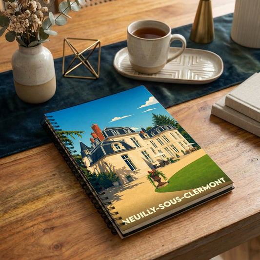 Carnet à spirales souvenir de la ville de Neuilly-sous-Clermont avec une illustration stylisée de château.