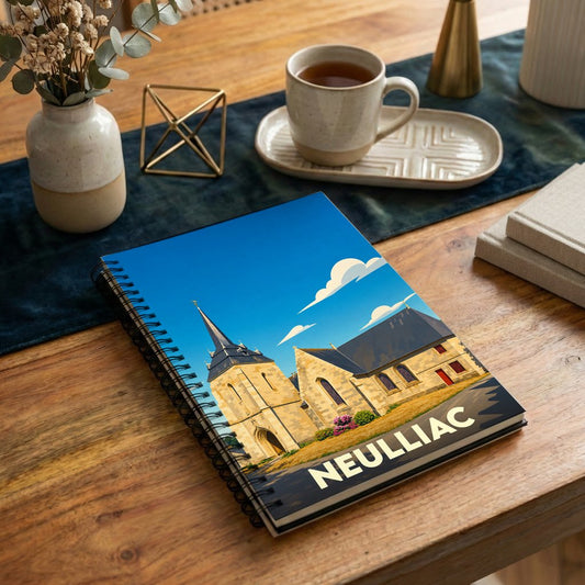 Carnet souvenir de la ville de Neulliac illustré d'un dessin stylisé de son église sous un ciel bleu.