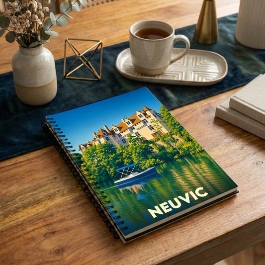 Carnet souvenir de la ville de Neuvic avec une illustration stylisée d'un château au bord de l'eau.