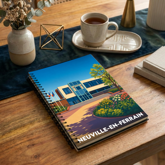 Carnet souvenir de la ville de Neuville-en-Ferrain avec une illustration stylisée de son hôtel de ville.
