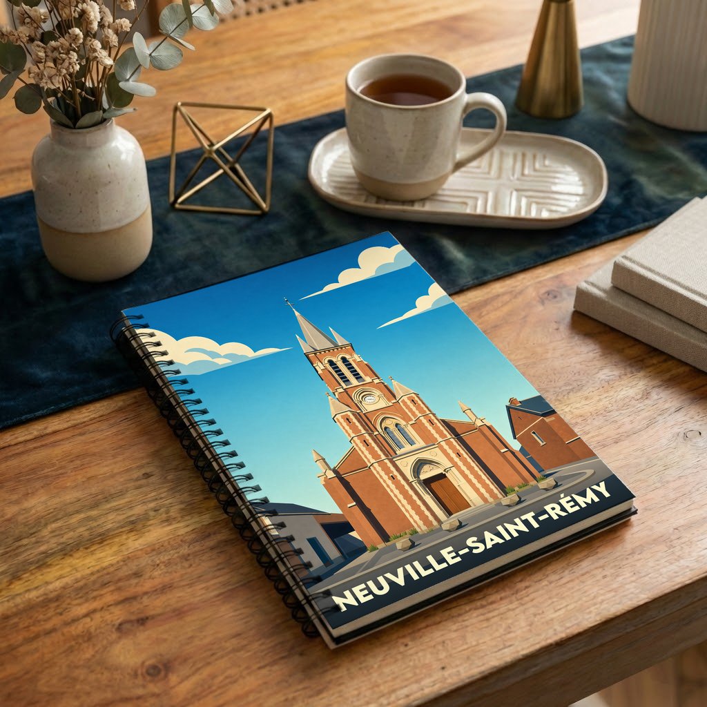 Carnet souvenir de la ville de Neuville-Saint-Rémy illustré par une église au style vintage.