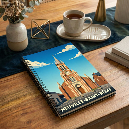 Carnet souvenir de la ville de Neuville-Saint-Rémy illustré par une église au style vintage.