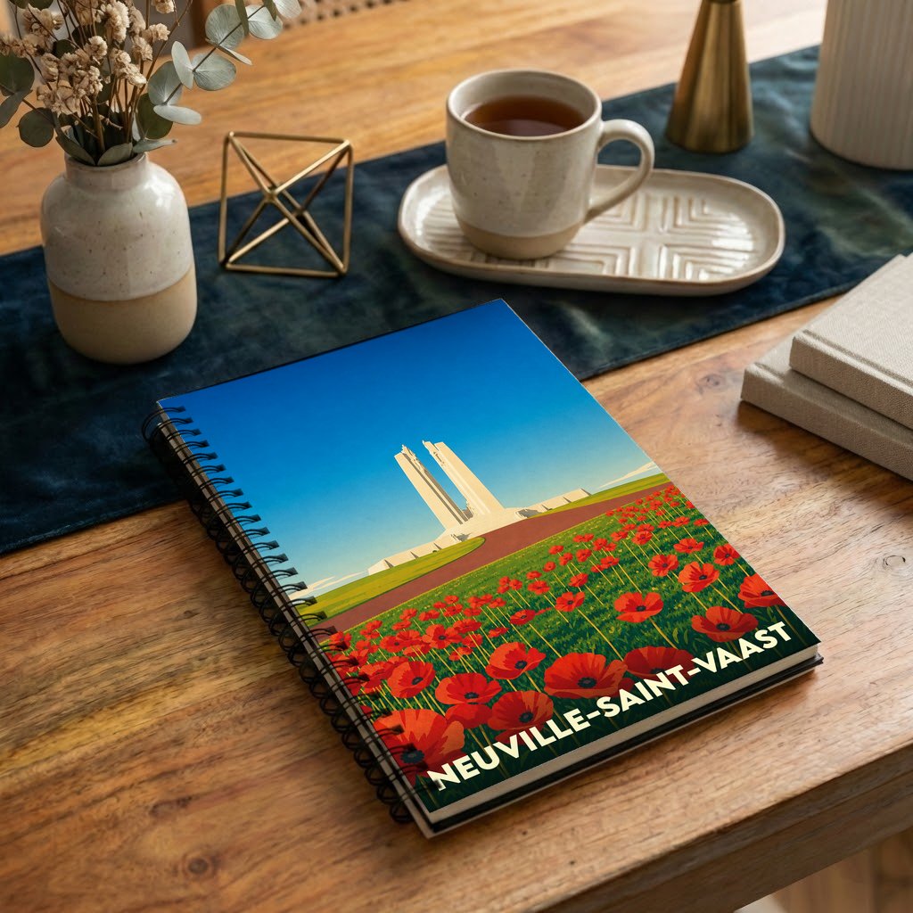 Carnet souvenir de la ville de Neuville-Saint-Vaast avec une illustration stylisée du Mémorial de Vimy et d'un champ de coquelicots.