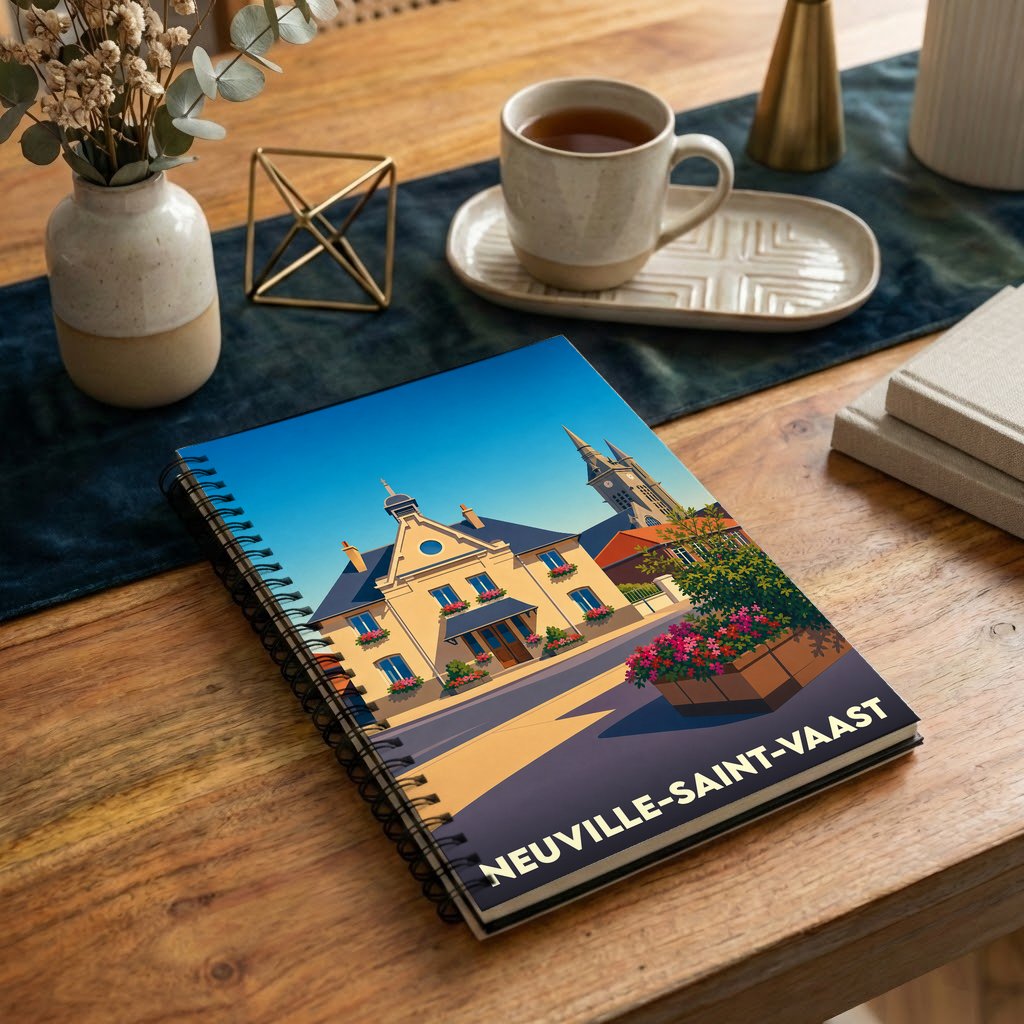 Carnet de notes à spirales souvenir de Neuville-Saint-Vaast avec une illustration colorée et stylisée de la ville.