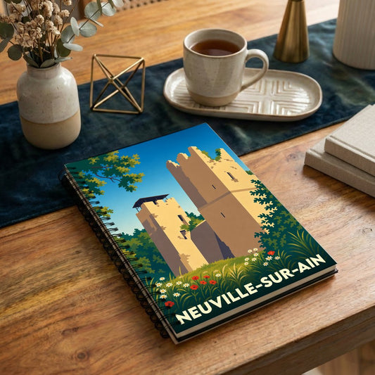 Carnet souvenir de la ville de Neuville-sur-Ain illustré par un dessin stylisé de ses tours médiévales.