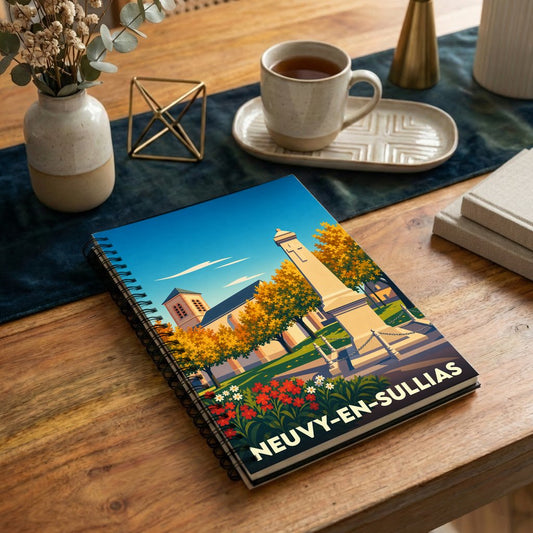 Carnet souvenir de la ville de Neuvy-en-Sullias avec une illustration stylisée de son patrimoine.