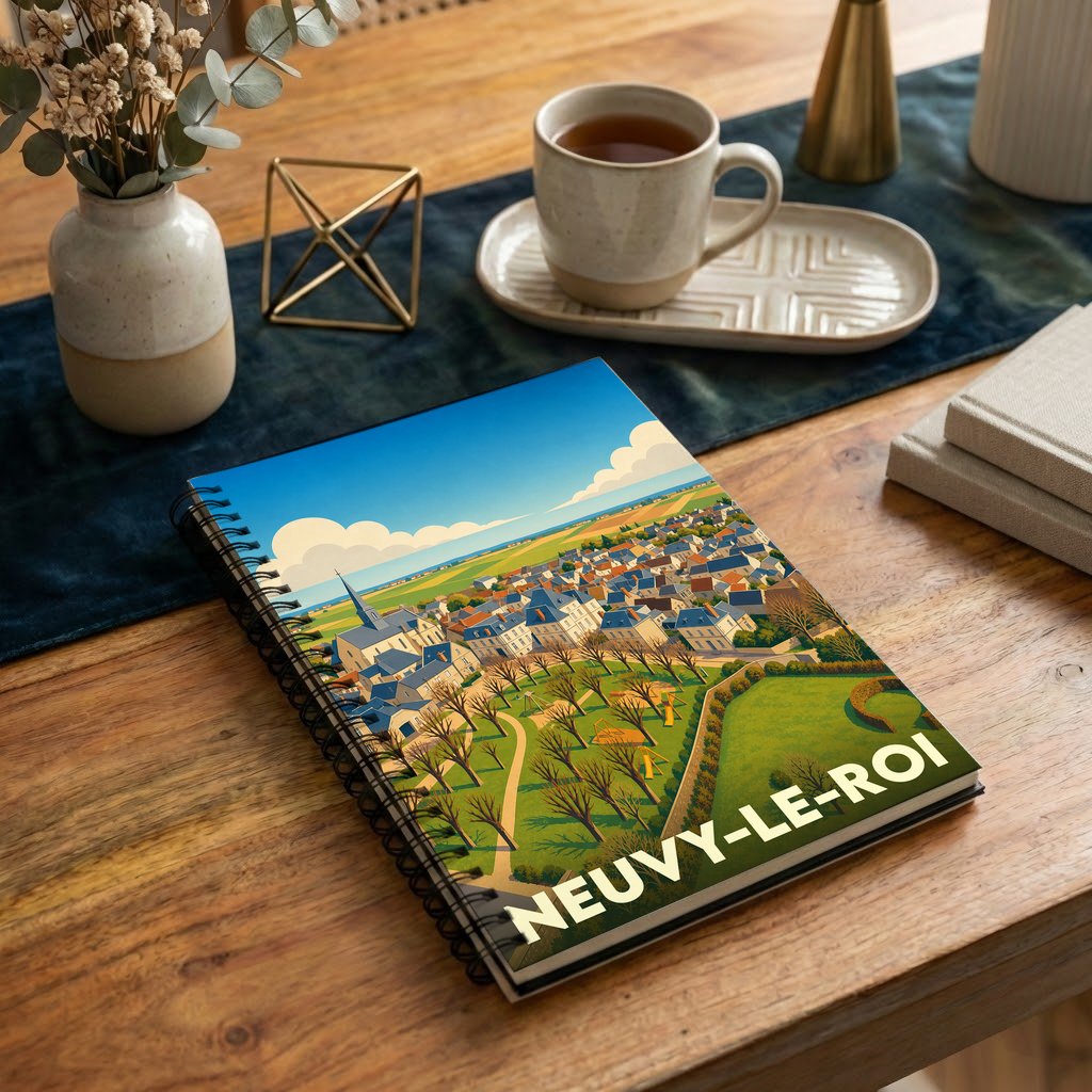 Carnet à spirale souvenir de Neuvy-le-Roi avec une illustration stylisée du village et de son paysage.
