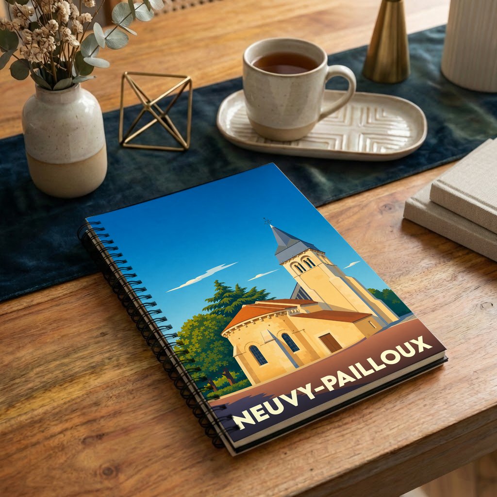 Carnet souvenir de la ville de Neuvy-Pailloux avec une illustration stylisée de son église.