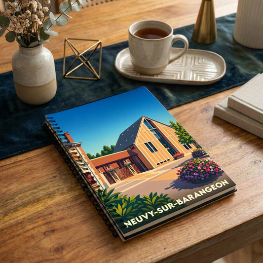 Carnet à spirales souvenir de la ville de Neuvy-sur-Barangeon avec une illustration architecturale stylisée.