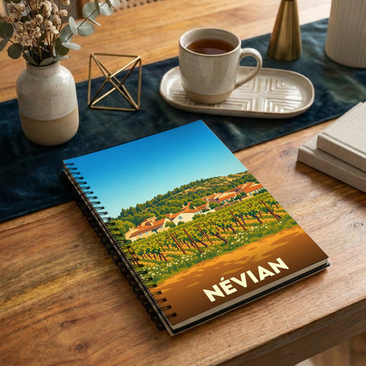 Carnet de notes souvenir de la ville de Névian avec une illustration stylisée de ses vignobles.