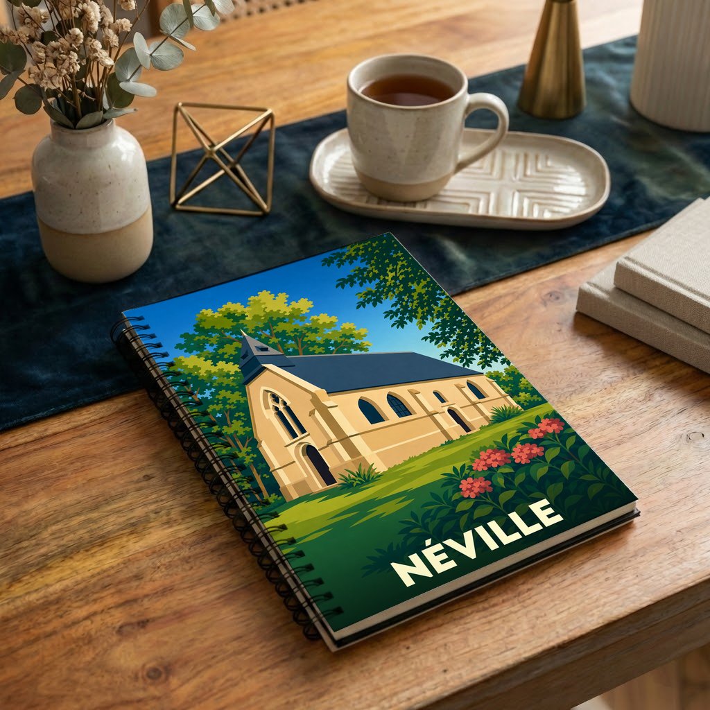 Carnet souvenir de la ville de Néville avec une illustration stylisée d'une église.