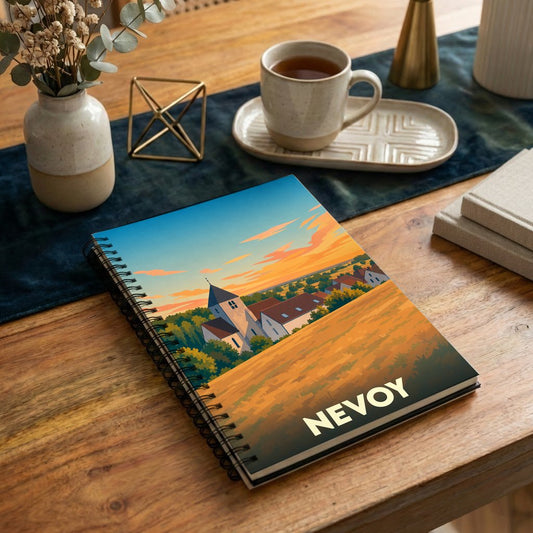 Carnet à spirale souvenir de la ville de Nevoy avec une illustration stylisée d'un paysage rural au coucher du soleil.