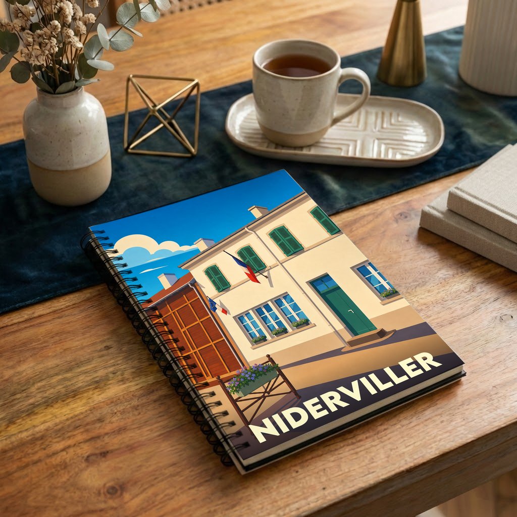 Carnet à spirales souvenir de la ville de Niderviller avec une illustration stylisée.
