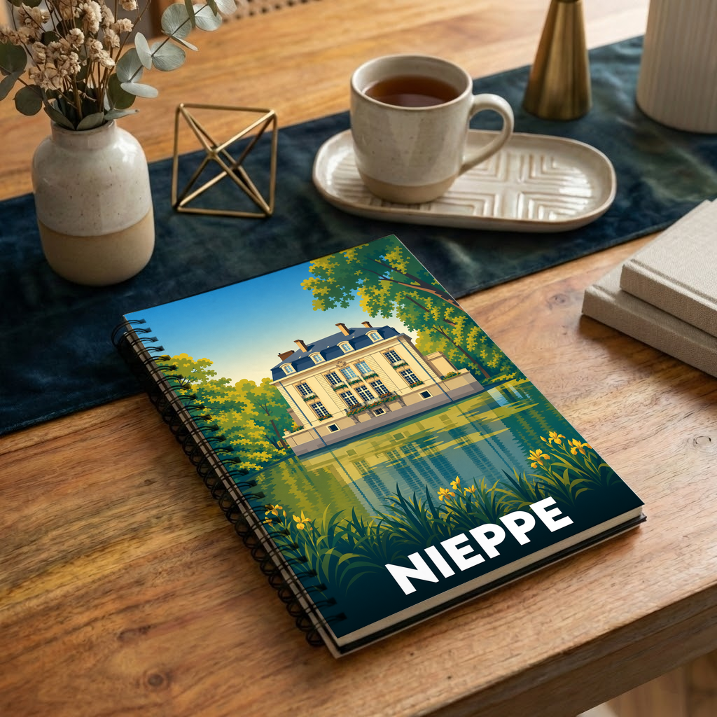 Carnet à spirales souvenir de la ville de Nieppe avec une illustration stylisée d'un château se reflétant dans l'eau.