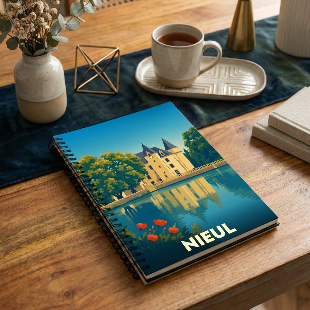 Carnet souvenir de la ville de Nieul avec une illustration stylisée de son château se reflétant dans l'eau.