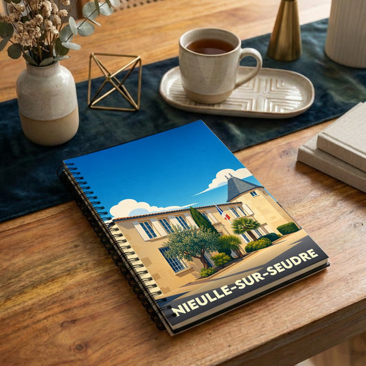 Carnet de notes souvenir de la ville de Nieulle-sur-Seudre avec une illustration stylisée de sa mairie.