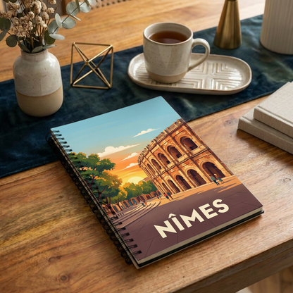 Carnet souvenir de la ville de Nîmes avec une illustration stylisée de ses arènes.