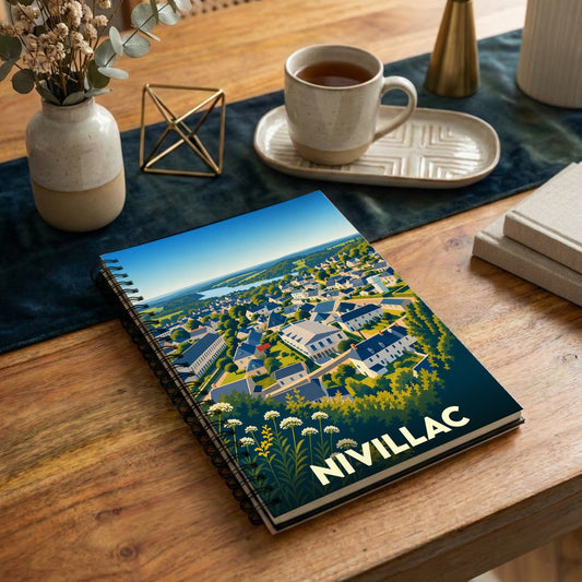 Carnet à spirales souvenir de la ville de Nivillac avec une illustration stylisée vue du ciel.