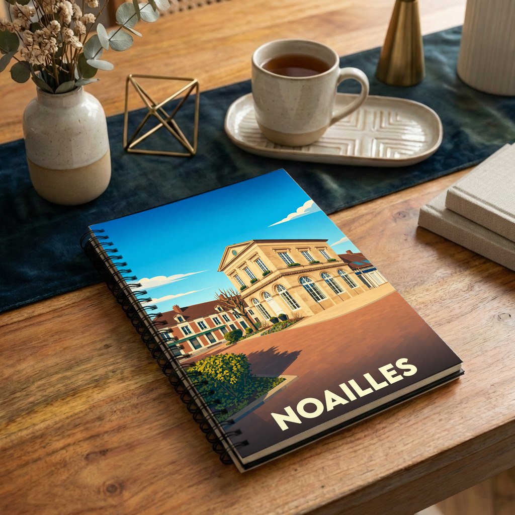 Carnet à spirales souvenir de la ville de Noailles avec une illustration stylisée.