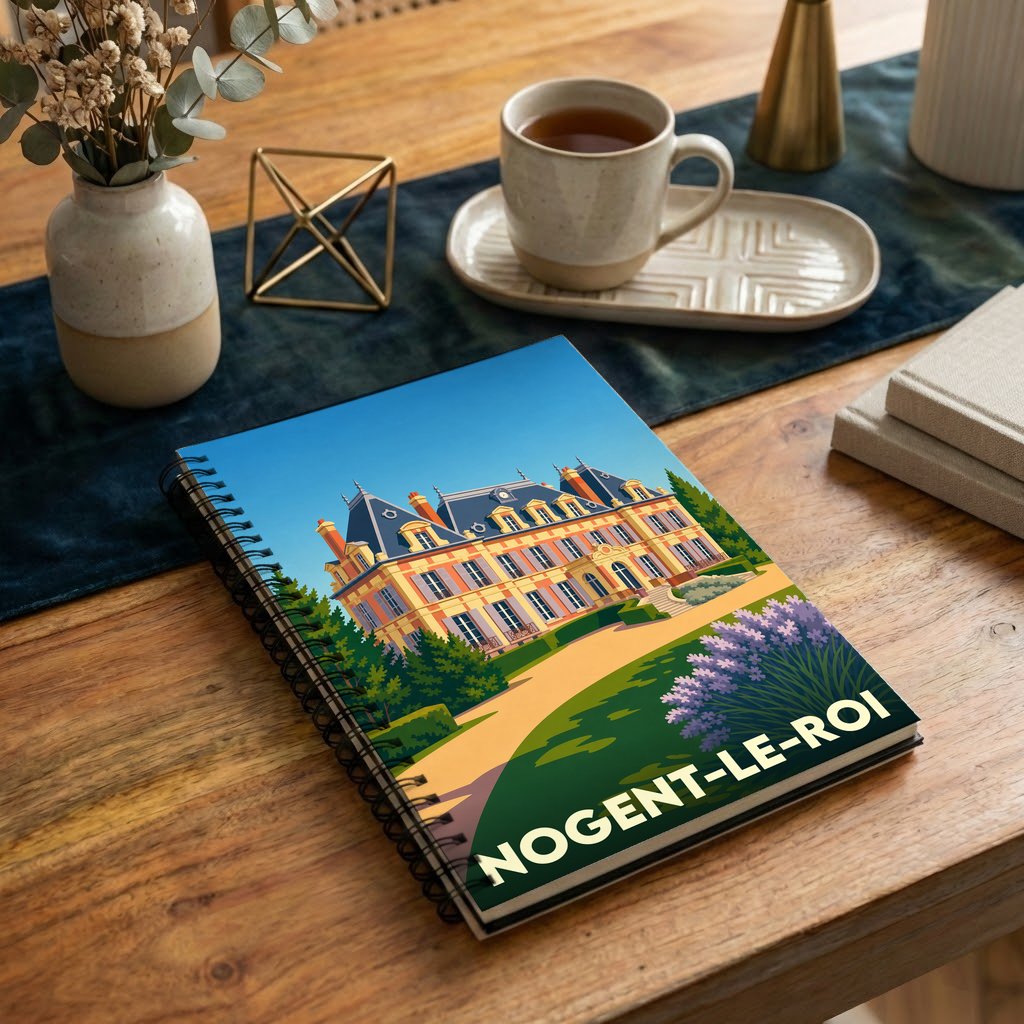 Carnet souvenir de la ville de Nogent-le-Roi avec une illustration stylisée de son château.
