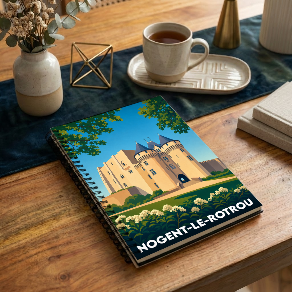 Carnet à spirales souvenir de la ville de Nogent-le-Rotrou avec une illustration stylisée de son château.
