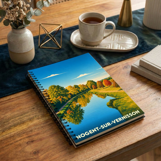 Carnet souvenir de la ville de Nogent-sur-Vernisson avec une illustration stylisée de paysage automnal.