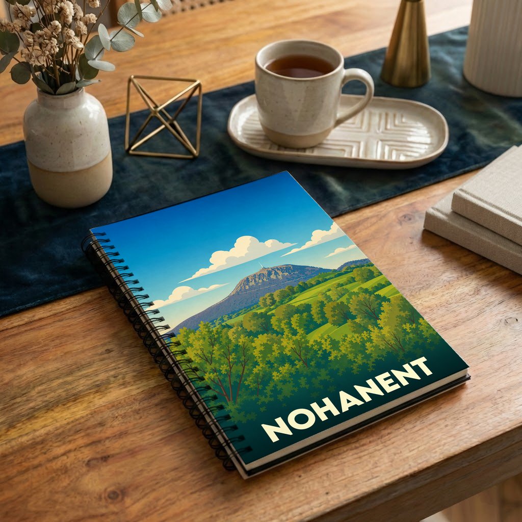 Carnet à spirales souvenir de la ville de Nohanent avec une illustration stylisée de paysages vallonnés.