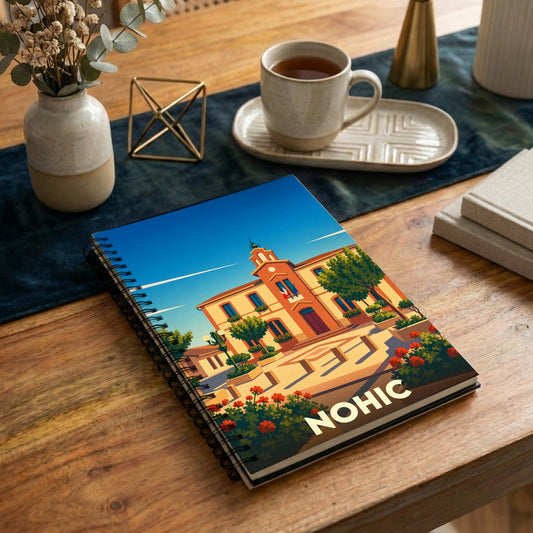 Carnet à spirales souvenir de la ville de Nohic avec une illustration stylisée et colorée de sa mairie.