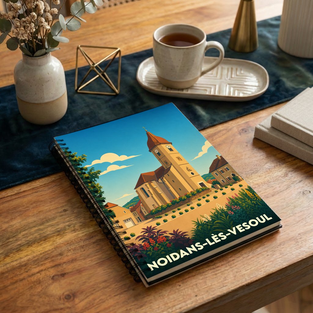 Carnet à spirales souvenir de la ville de Noidans-lès-Vesoul avec une illustration stylisée de son église et de ses jardins.