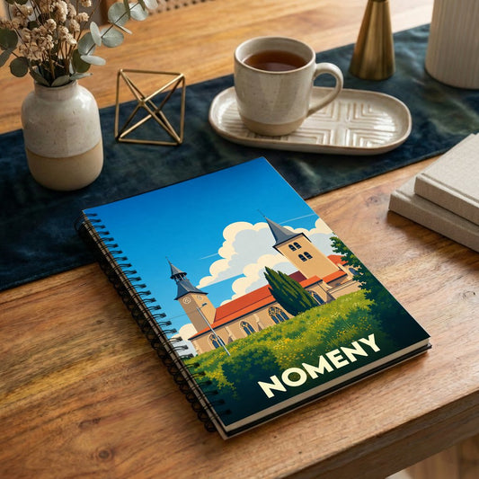 Carnet souvenir de la ville de Nomeny avec une illustration stylisée de son église et de ses paysages.
