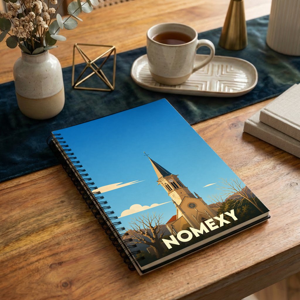 Carnet à spirales souvenir de la ville de Nomexy avec une illustration stylisée d'une église sous un ciel bleu.