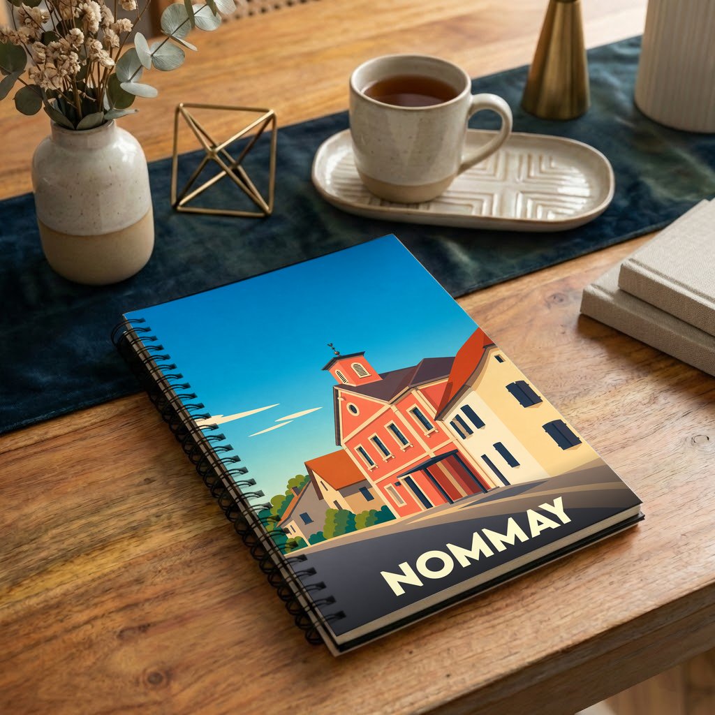 Carnet à spirale souvenir de la ville de Nommay avec une illustration stylisée.