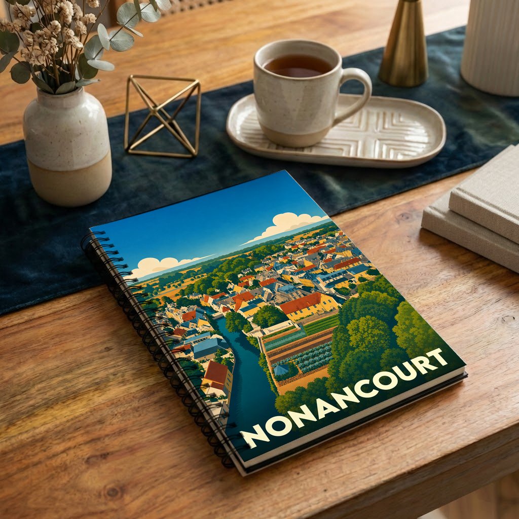 Carnet souvenir de la ville de Nonancourt avec une illustration stylisée et colorée.
