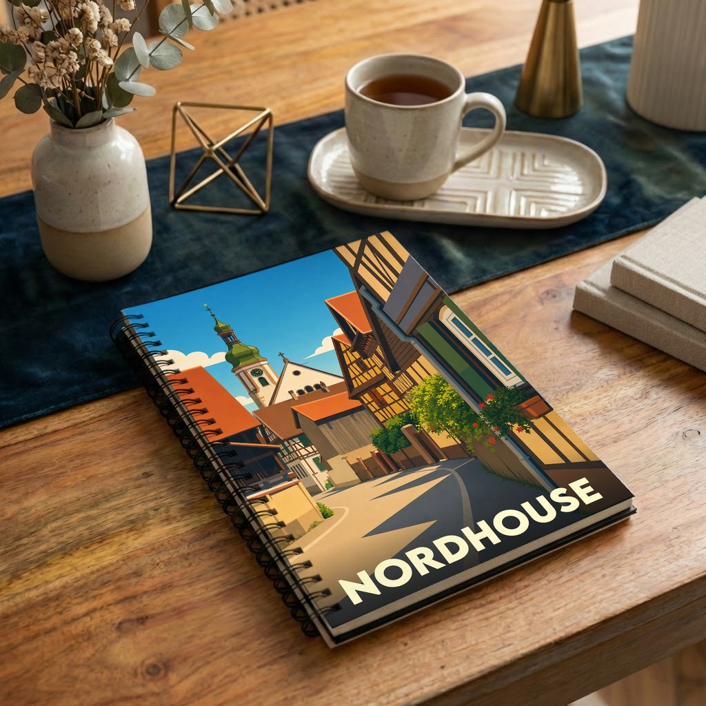 Carnet à spirales souvenir de la ville de Nordhouse avec une illustration stylisée d'une rue alsacienne.