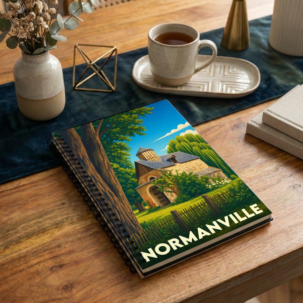 Carnet à spirale souvenir de la ville de Normanville avec une illustration stylisée d'un bâtiment historique dans la nature.