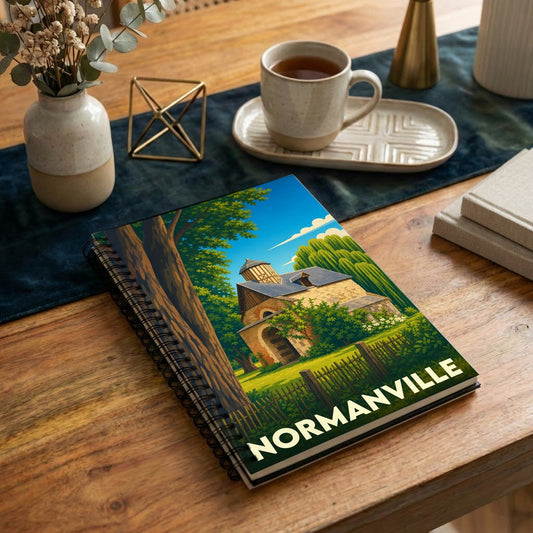 Carnet à spirale souvenir de la ville de Normanville avec une illustration stylisée d'un bâtiment historique dans la nature.