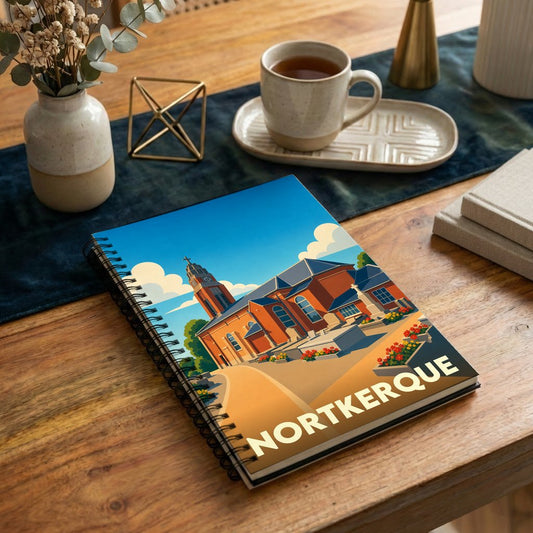 Carnet souvenir de la ville de Nortkerque avec une illustration stylisée.