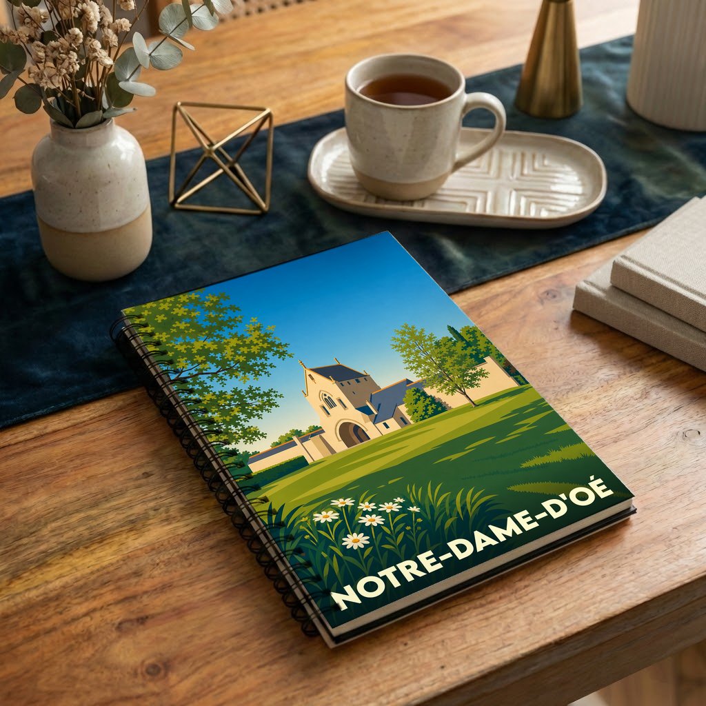 Carnet souvenir de la ville de Notre-Dame-d'Oé avec une illustration stylisée.
