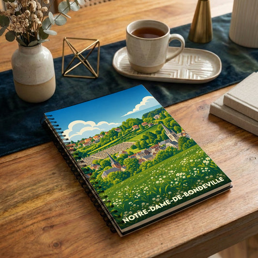 Carnet souvenir de la ville de Notre-Dame-de-Bondeville avec une illustration paysagère stylisée.