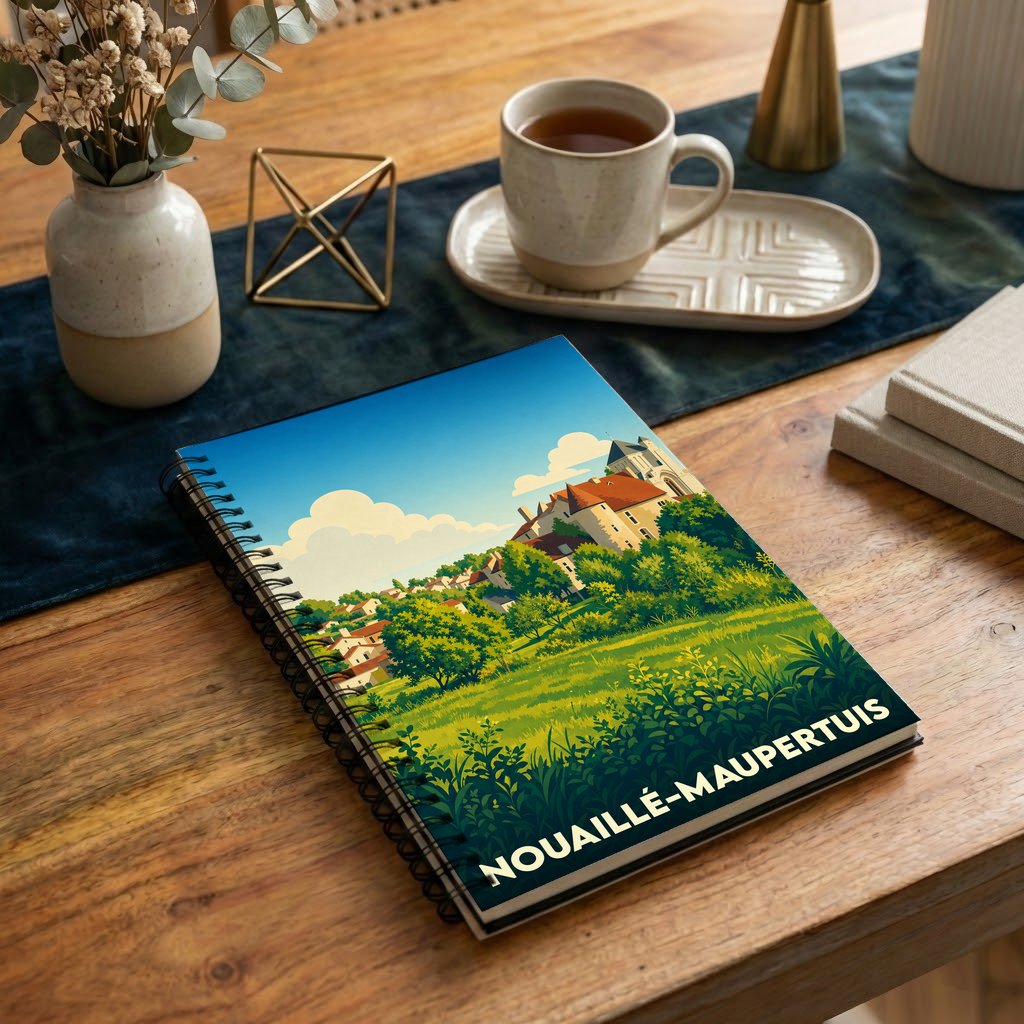 Carnet à spirales souvenir de la ville de Nouaillé-Maupertuis avec une illustration paysagère stylisée.
