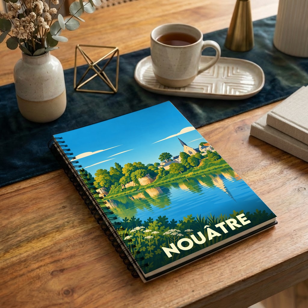 Carnet à spirales souvenir de la ville de Nouâtre avec une illustration stylisée de son paysage fluvial.