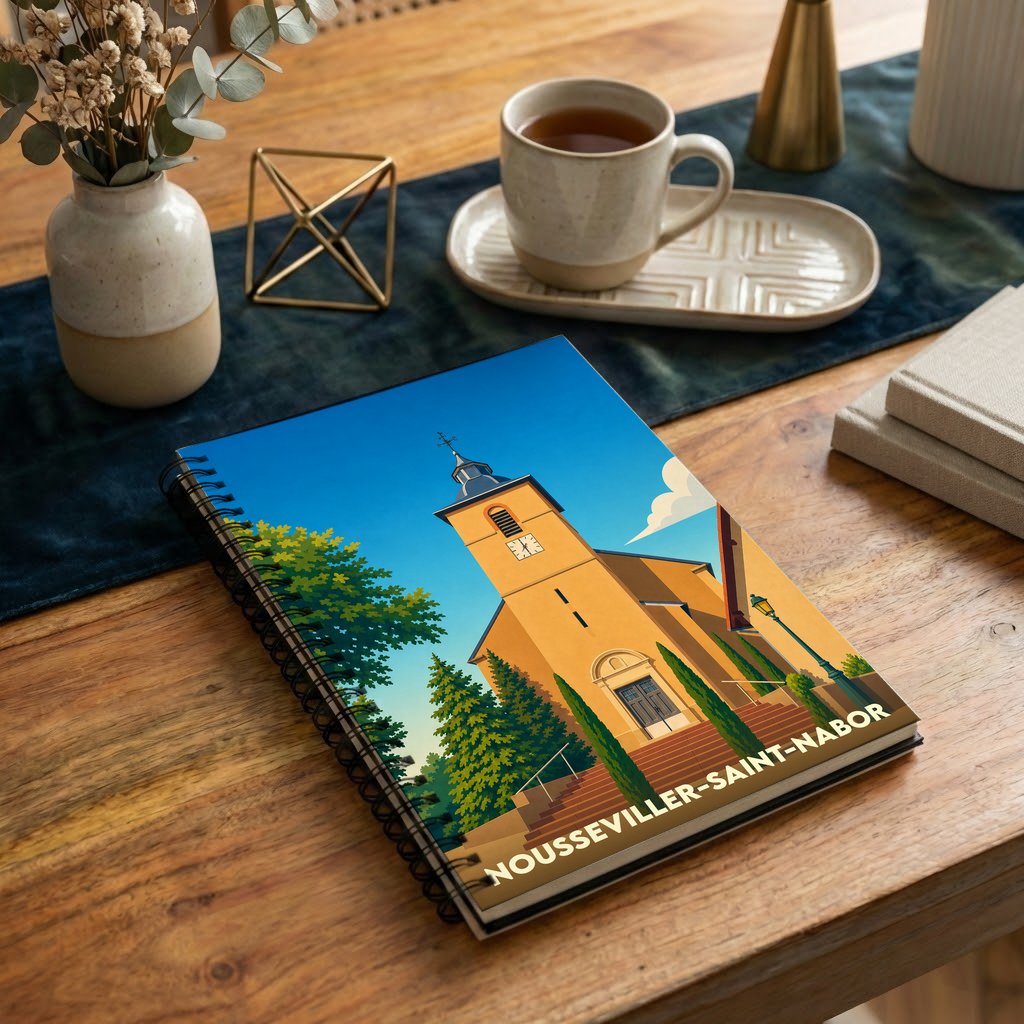 Carnet de notes à spirales souvenir de la commune de Nousseviller-Saint-Nabor avec une illustration stylisée de son église.