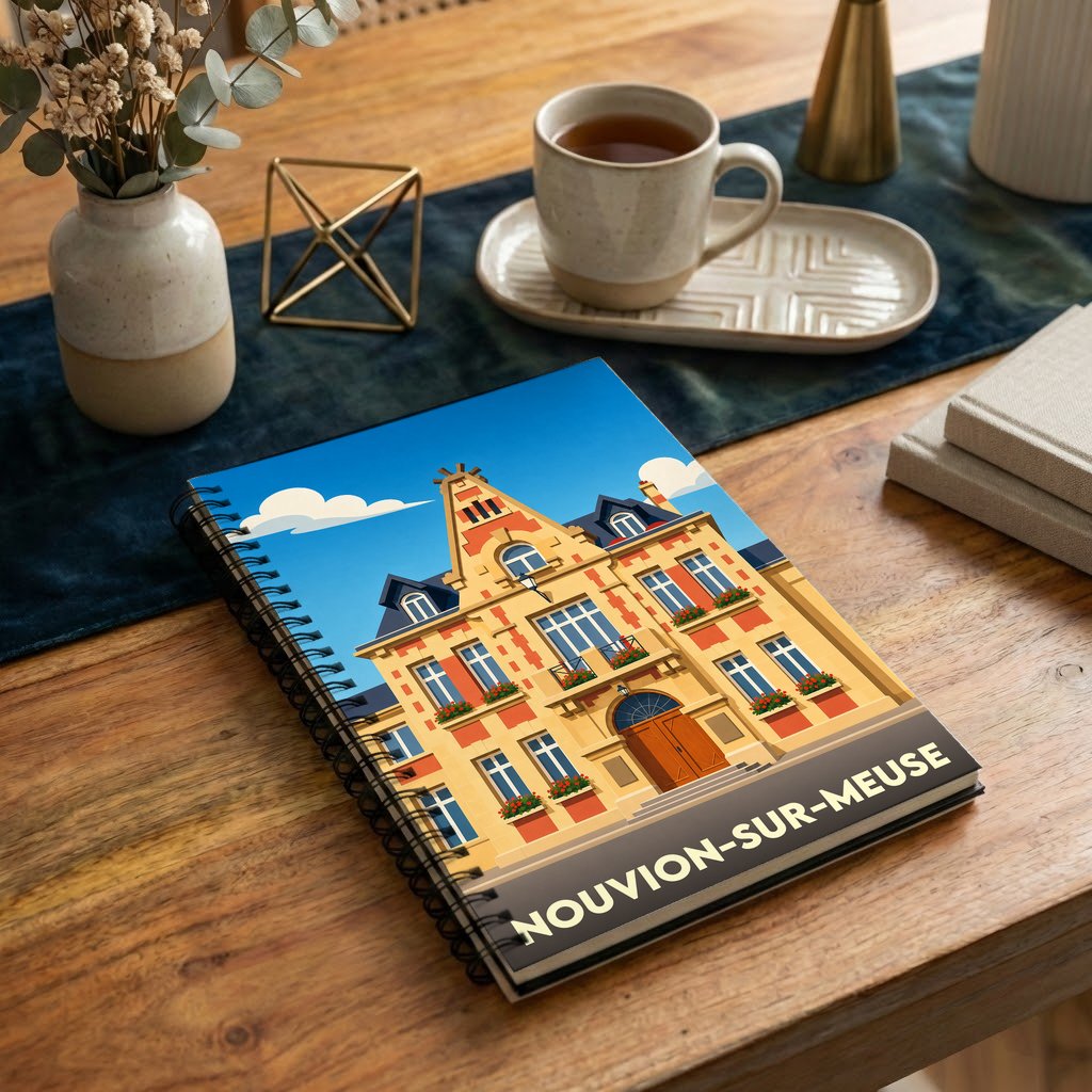 Carnet souvenir de la ville de Nouvion-sur-Meuse avec une illustration stylisée de son hôtel de ville.