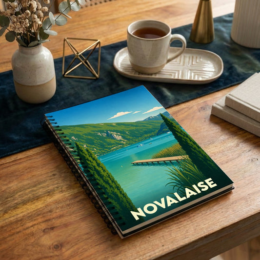 Carnet à spirales souvenir de la ville de Novalaise avec une illustration stylisée de son lac.
