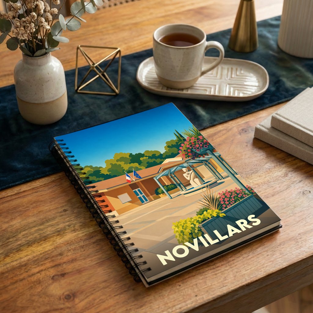 Carnet souvenir de la ville de Novillars avec une illustration stylisée.
